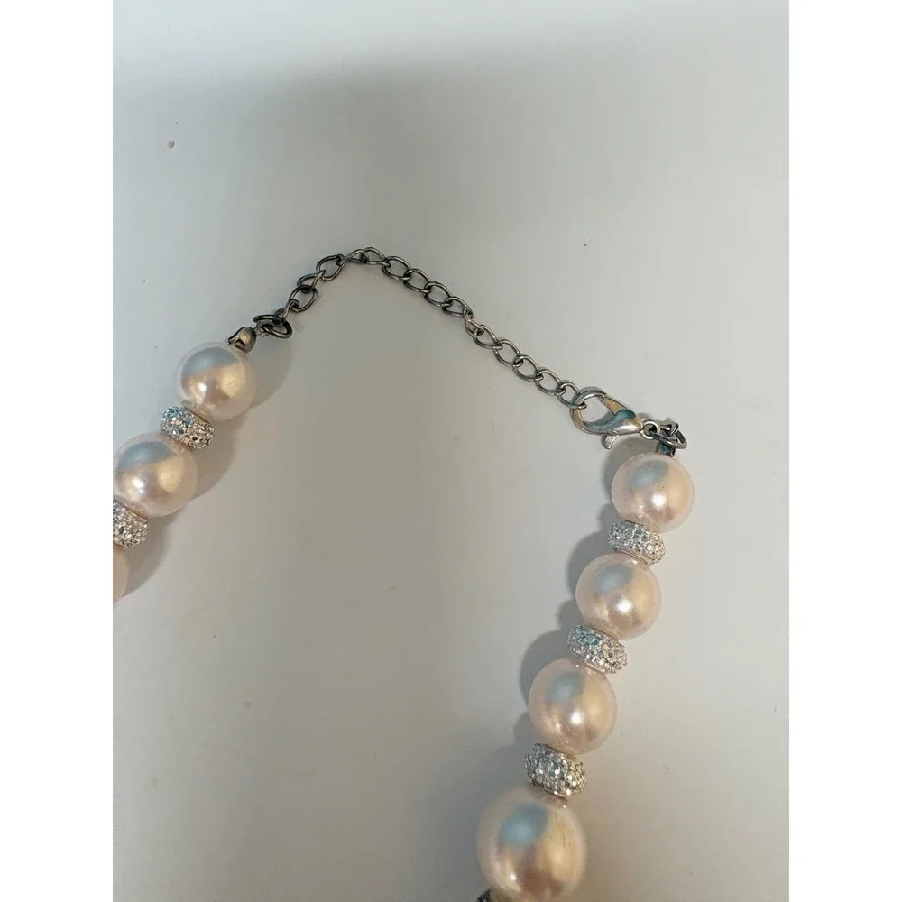 Cream Graduated Faux Pearl Statement Necklace with Crystal Spacers Silver Tone